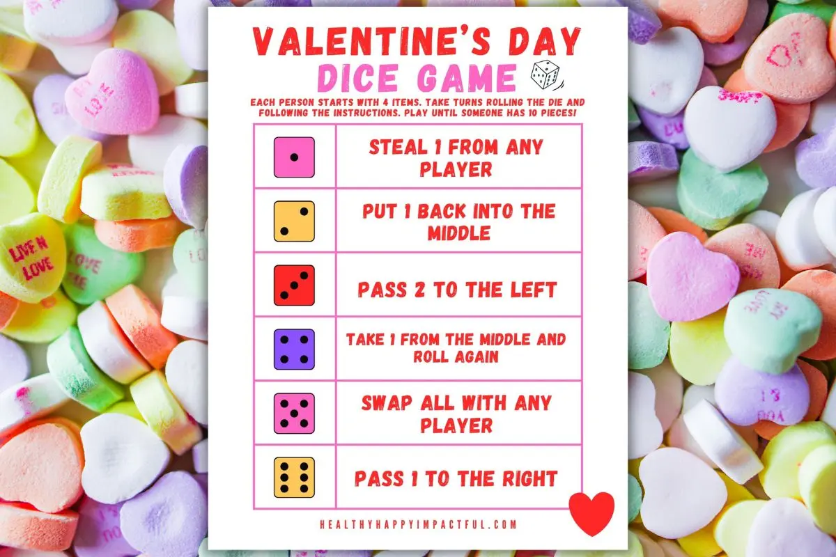 candy dice game free printable pdf for Valentine's Day groups, party, family