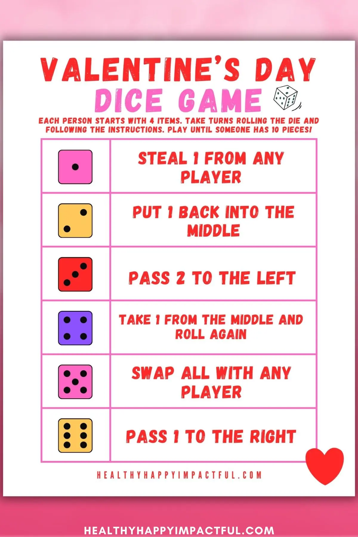 Valentine's Day candy dice game free printable