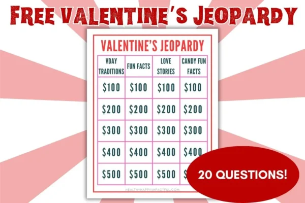 Valentine's Day Jeopardy free printable game for parties, family