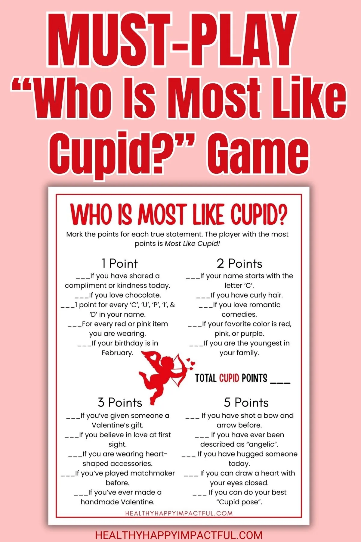 free printable who is most like Cupid Valentine's Day game for kids and adults