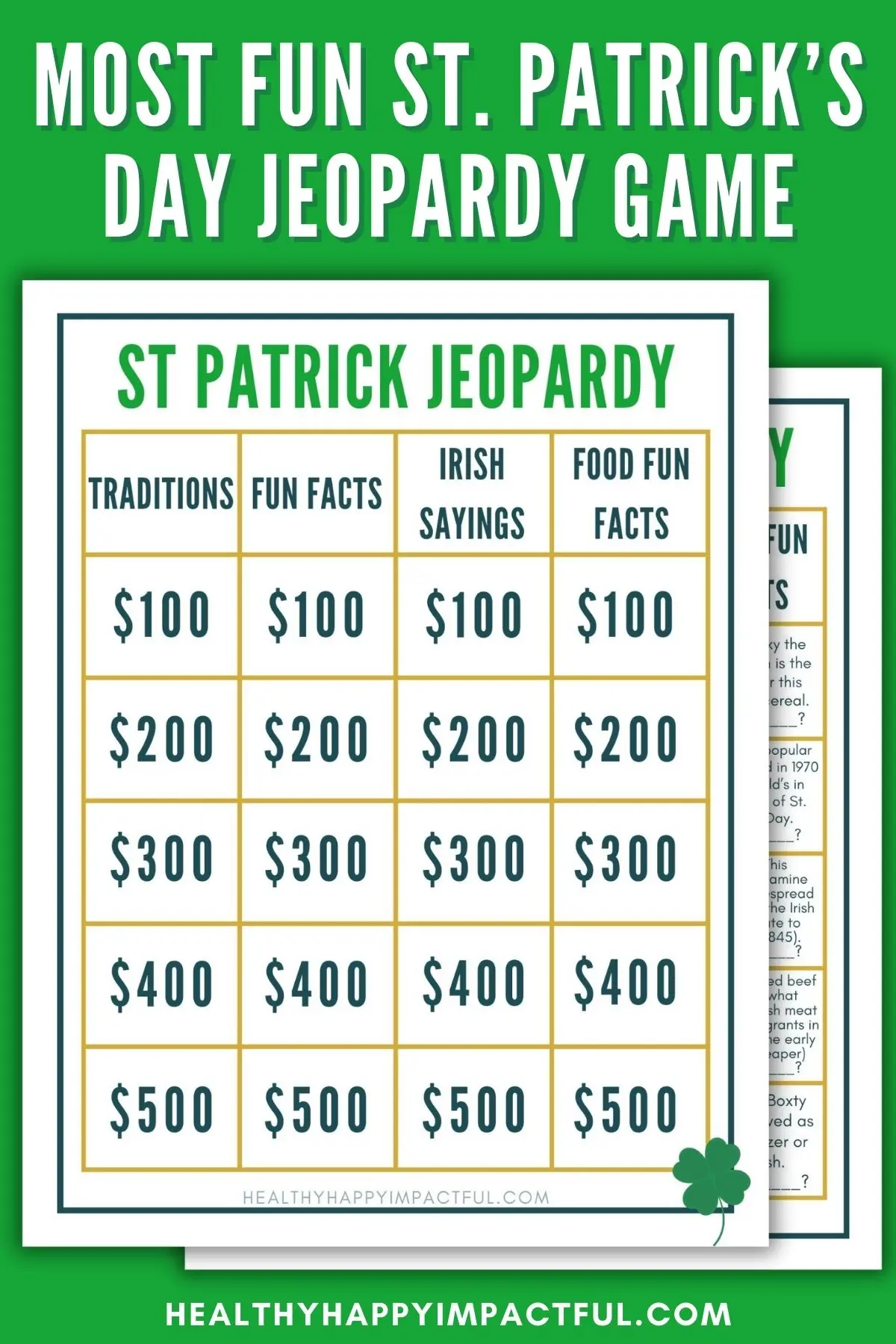 free printable, pdf, St Patrick's Day Jeopardy game questions and answers