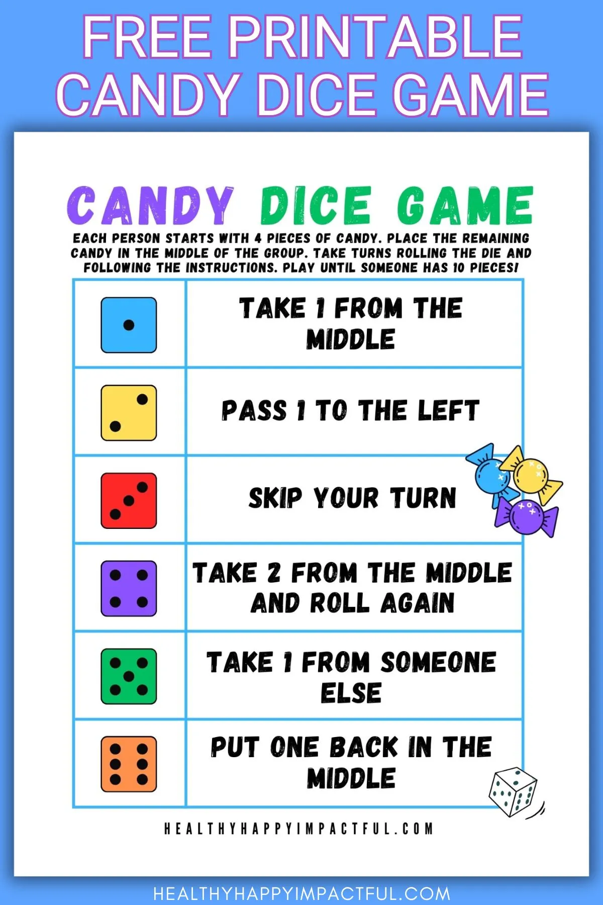 candy dice game free printable