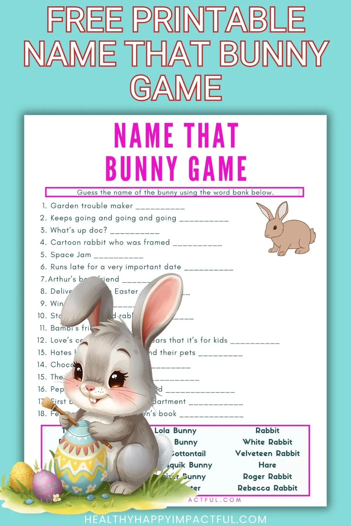 name that bunny free printable game, match the rabbits, games for kids