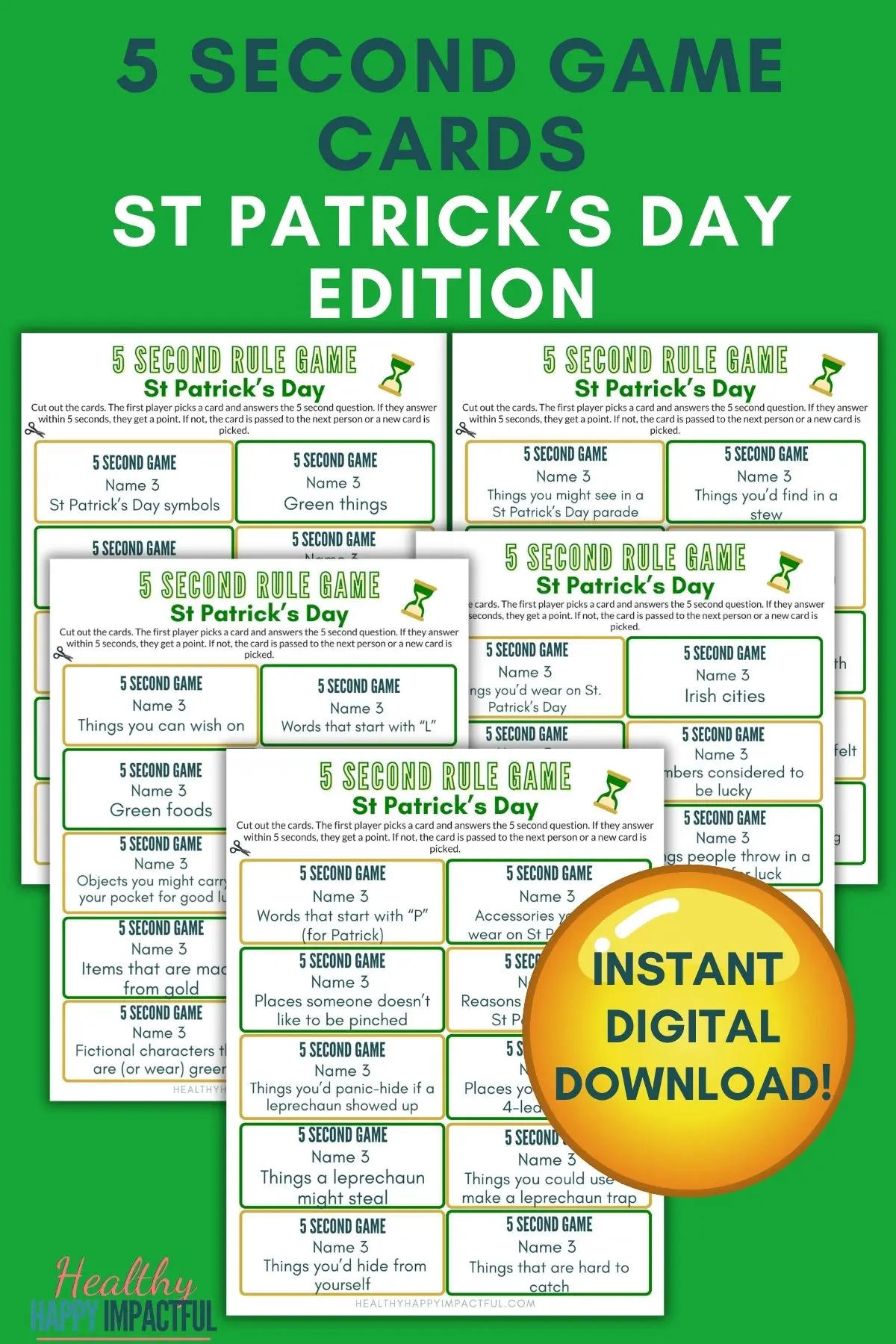 pdf printable 5 second rule game cards for St Patrick's Day