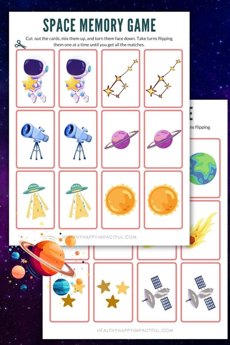 free printable outer space memory game cards for kindergarten, 1st grade, preschool