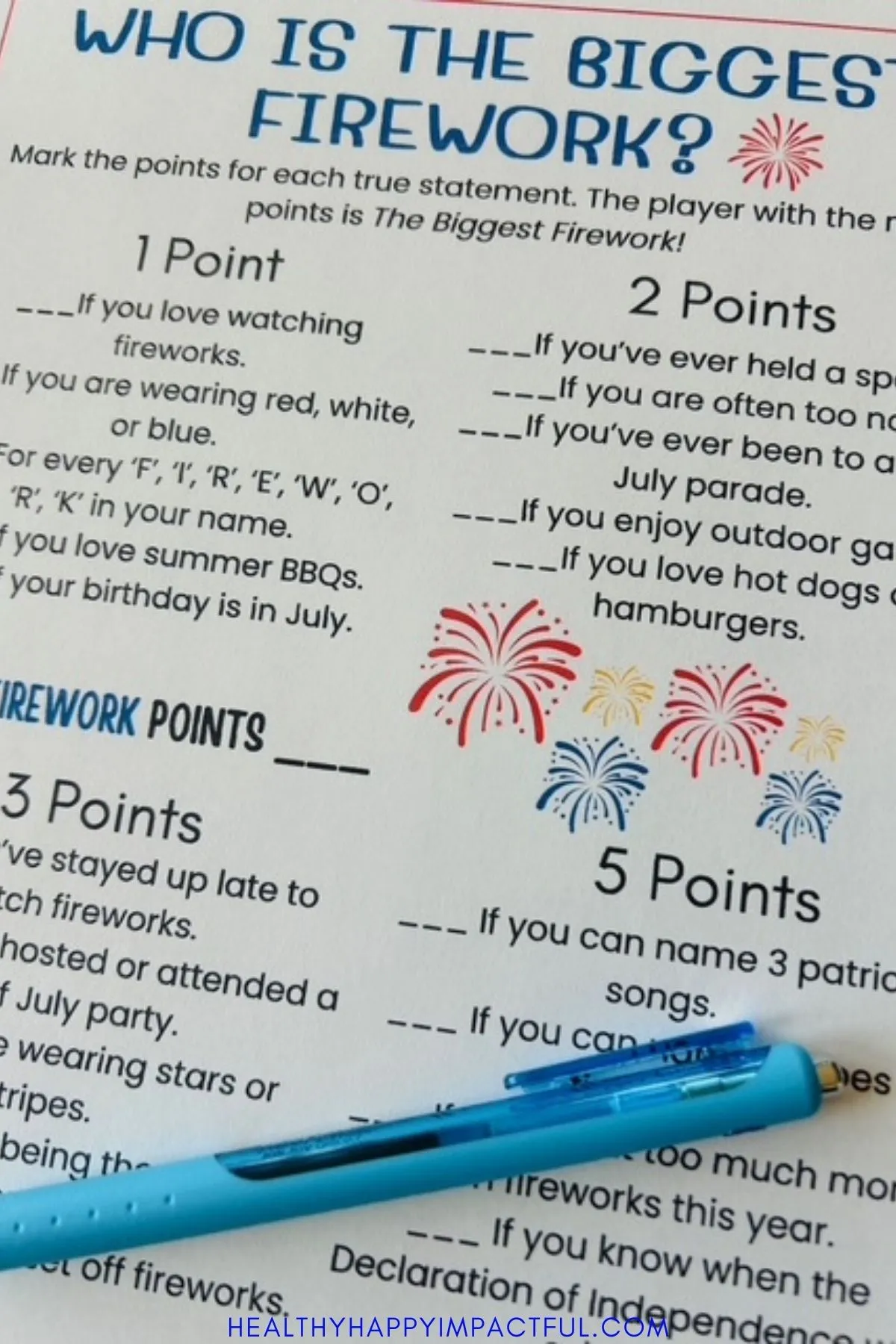 who is the biggest firework game; 4th of July game printable for kids; activities