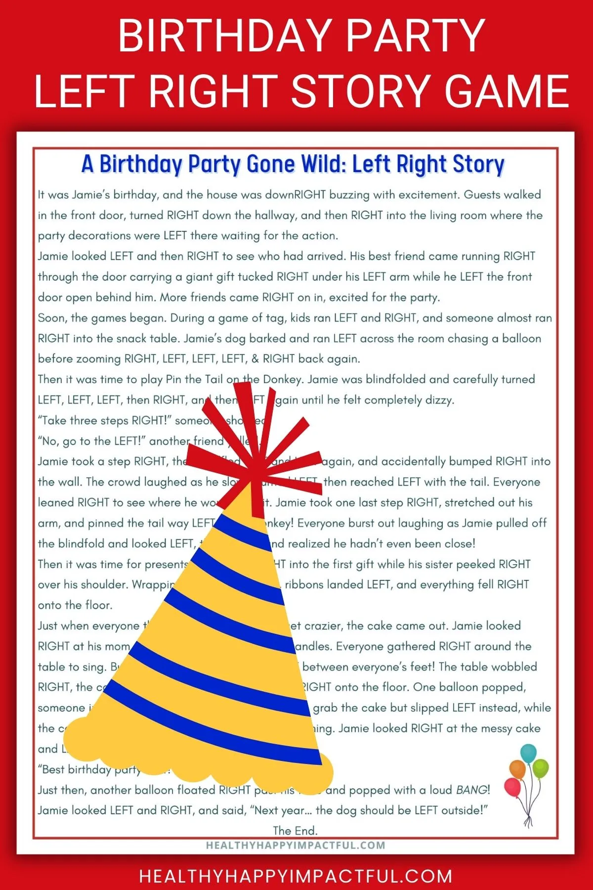 birthday left right story for kids, teens, and adults; party activity; game