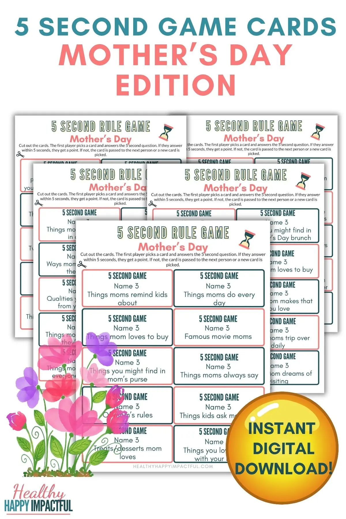 Mother's day 5 second rule game cards pdf printable